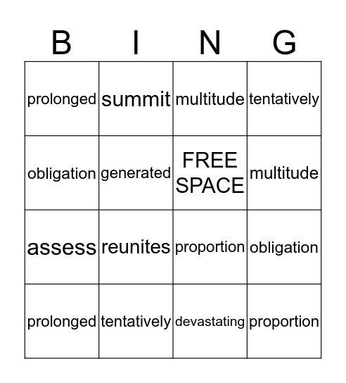 Unit 4 Vocabulary Review Bingo Card