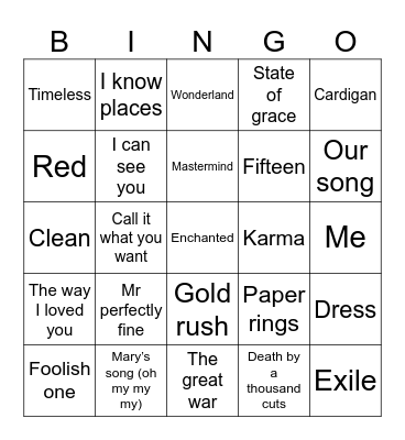 Bingo Swiftie Bingo Card