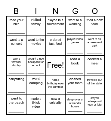 What did you do over the Summer!!!! Bingo Card