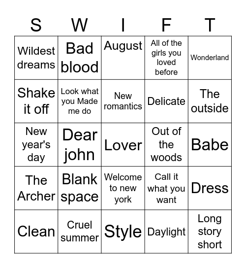 Bingo swiftie Bingo Card