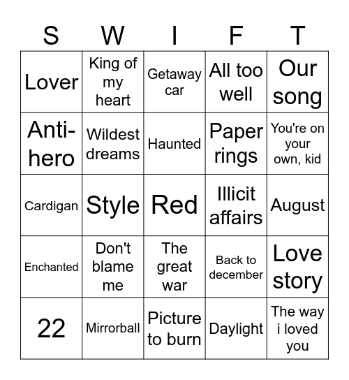 Bingo swiftie Bingo Card