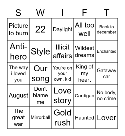 Bingo Swiftie Bingo Card