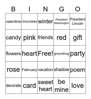 February - Level A Bingo Card