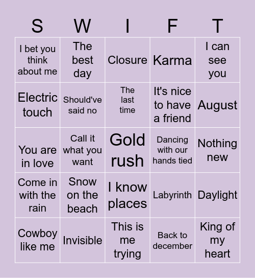 Bingo swiftie Bingo Card