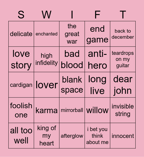 bingo swiftie Bingo Card