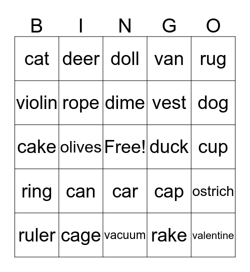 R, D, C, V, O WORDS Bingo Card
