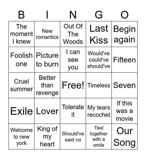 Taylor Bingo Card