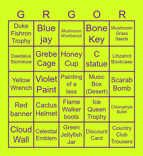 Gregor Bingo Card