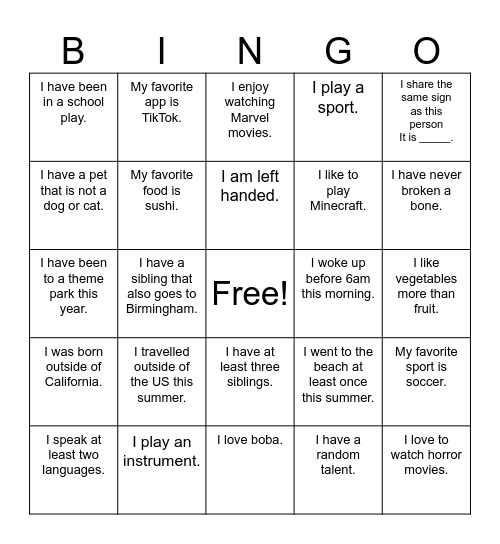 Untitled Bingo Card