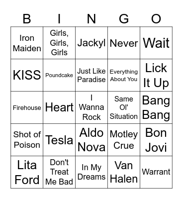 Hair Metal Bingo Card
