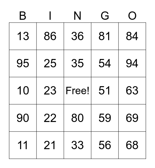 Number Bingo 1-100 Bingo Card