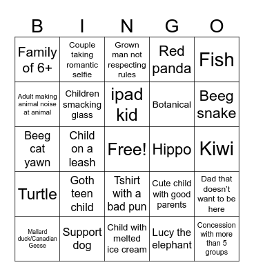 Edmonton Valley Zoo Bingo Card