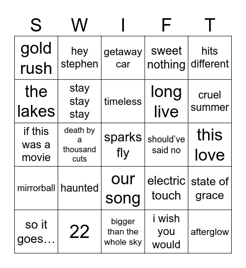 bingo swiftie Bingo Card