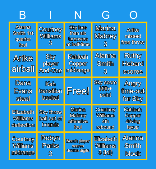 Chicago Sky Bingo with the Sky Townies Bingo Card