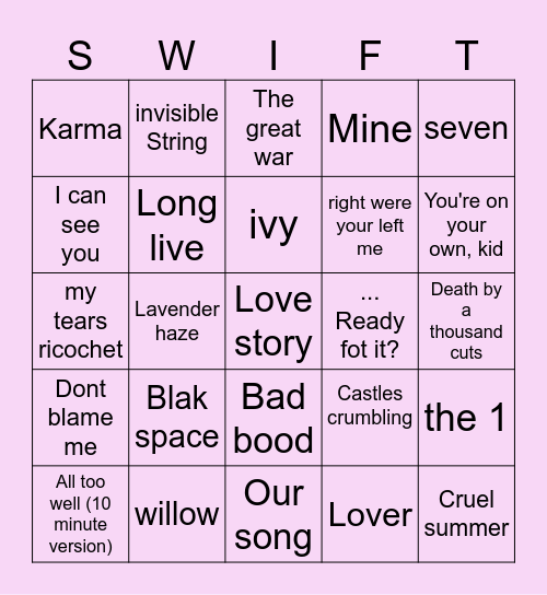 SWIFT @toccidani Bingo Card