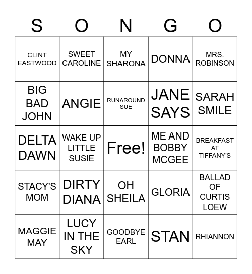 SONGO NAMES Bingo Card