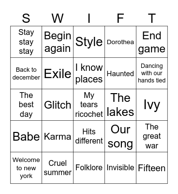 Bingo swiftie Bingo Card