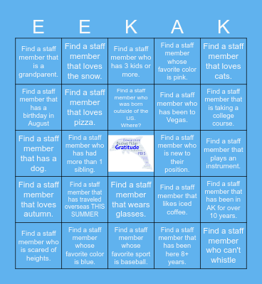 Eek Staff "Get to Know You" Bingo Card