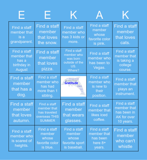 Eek Staff "Get to Know You" Bingo Card