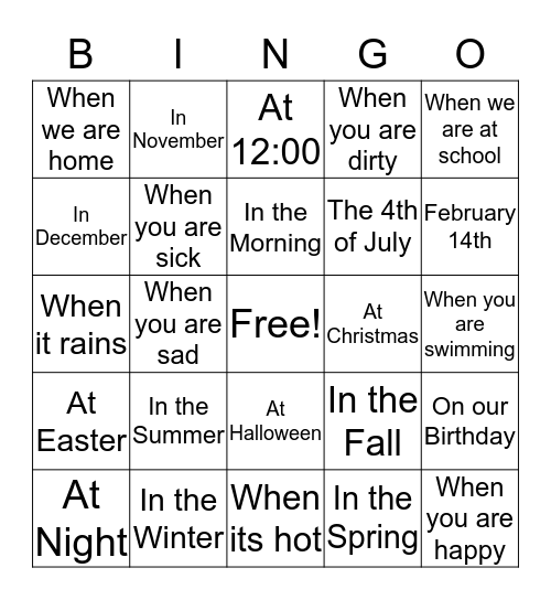 ~ WHEN  ~ Bingo Card