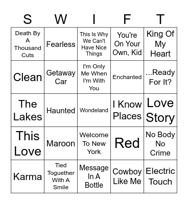 Bingo Swiftie Bingo Card