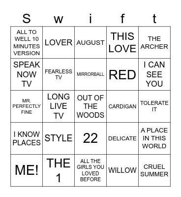 bingo swiftie Bingo Card