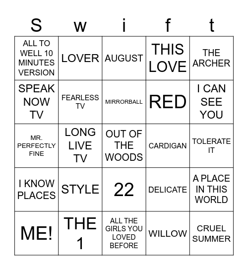 bingo swiftie Bingo Card