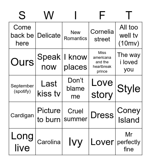 Bingo swiftie Bingo Card