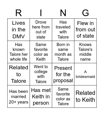 Bridal Bingo Card