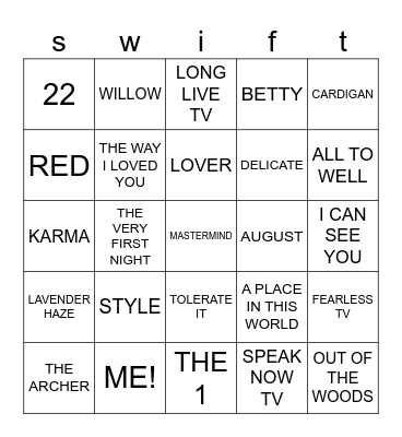 bingo swiftie Bingo Card