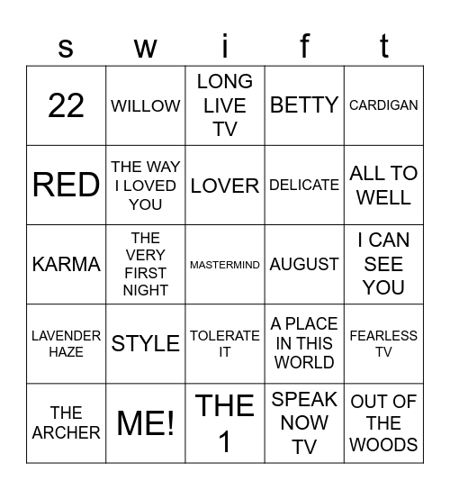 bingo swiftie Bingo Card