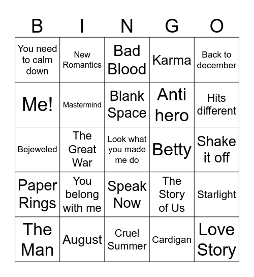 Bingo swiftie Bingo Card