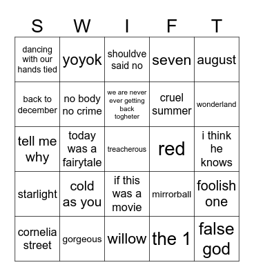 bingo swiftie Bingo Card