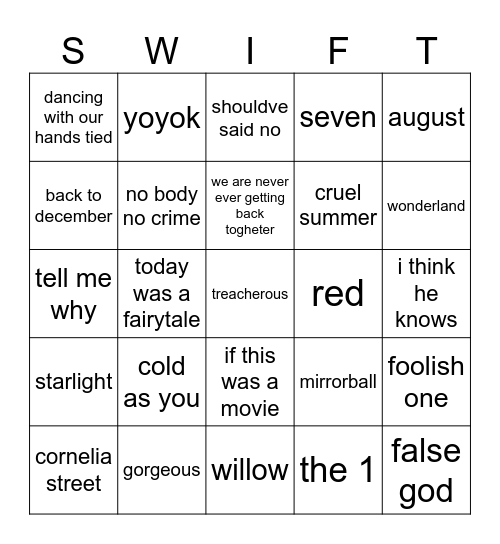 bingo swiftie Bingo Card