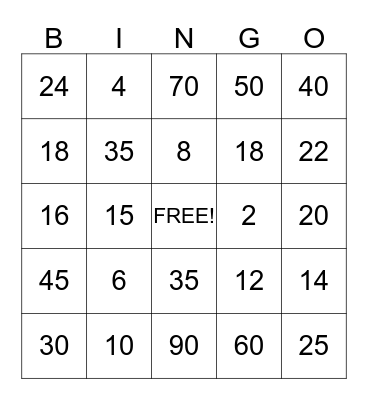 Multiplication Bingo Card