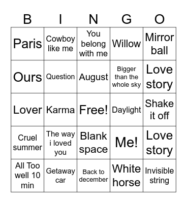 Bingo swiftie Bingo Card