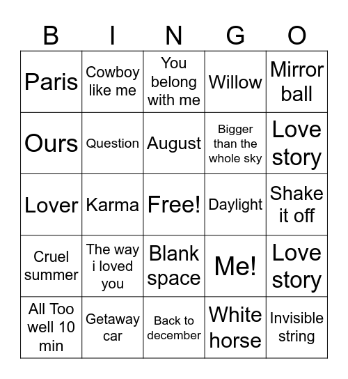 Bingo swiftie Bingo Card
