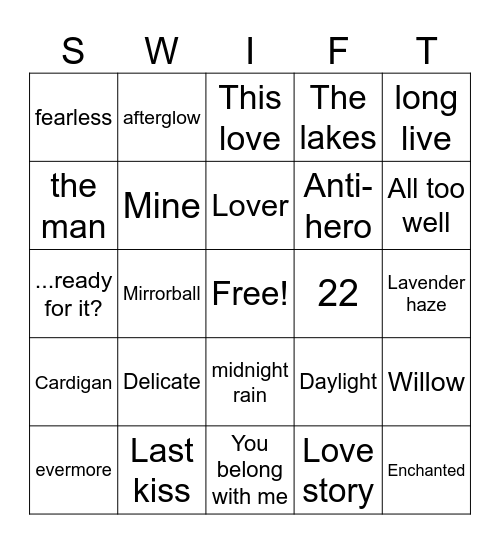 Bingo Swiftie Bingo Card