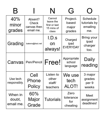 Baker Syllabus Bingo Card