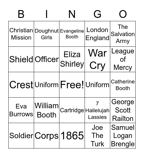 Salvation Army History Bingo Card