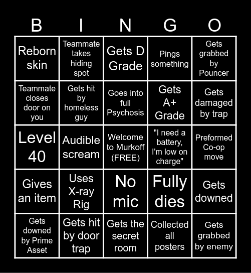 The Outlast Trials Teammate Bingo Card Bingo Card