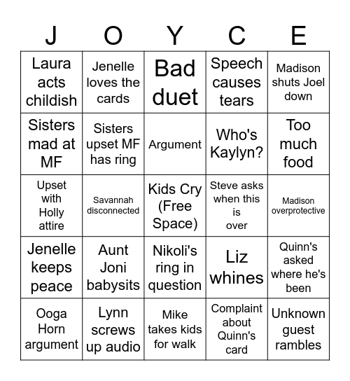 JOYCE-O Bingo Card