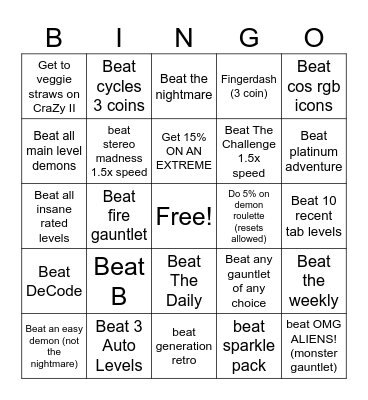 Geometry Dash Bing0 Bingo Card