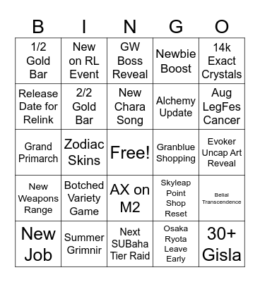 GBF Summer Bingo Card