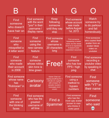Roblorts Bingo Card
