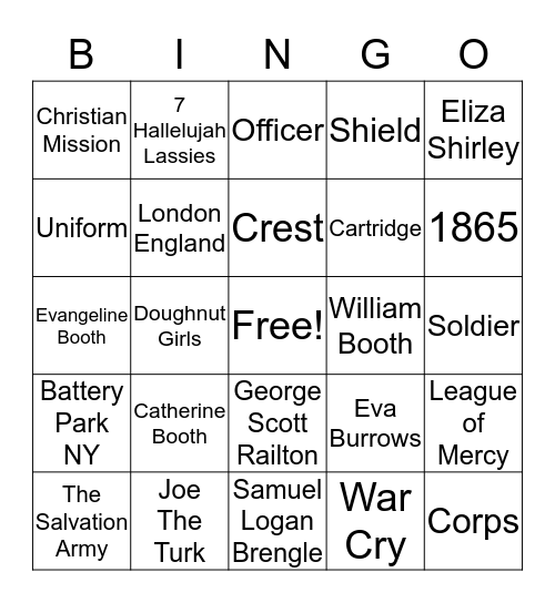 Salvation Army History Bingo Card