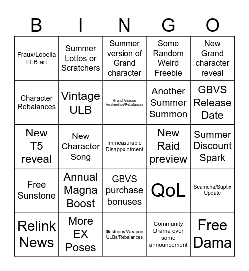 GBF Summer Stream 2023 Bingo Card