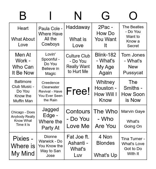 Songs That Ask a Question Bingo Card