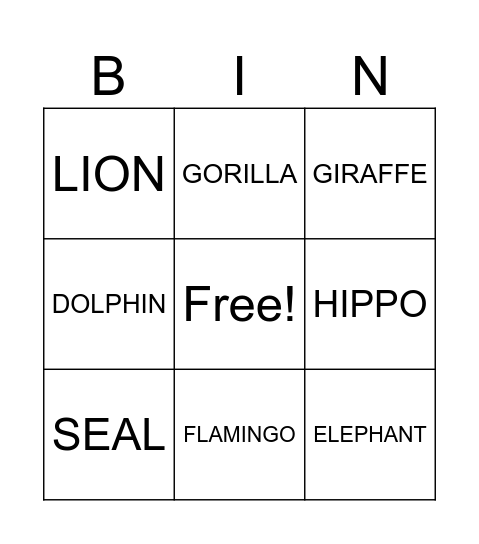 WILD ANIMALS Bingo Card