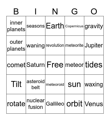 Solar System Bingo Card